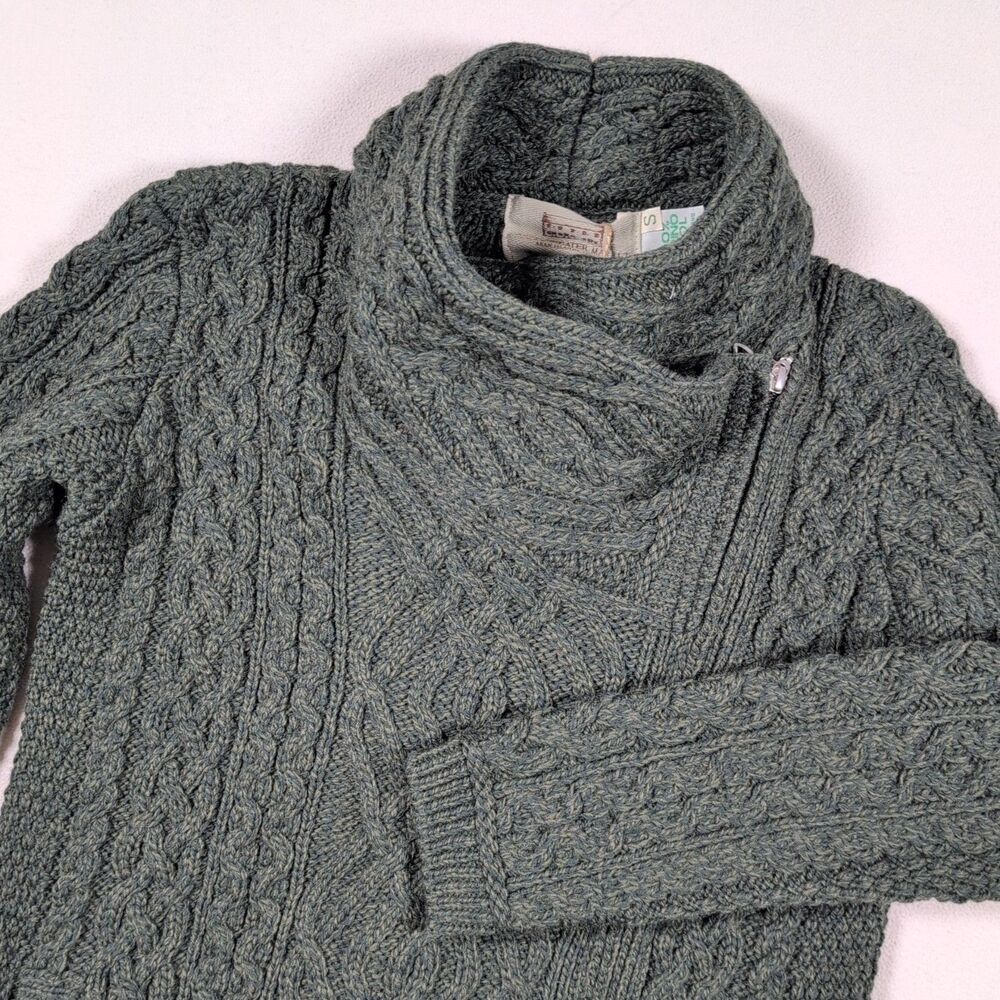 Aran Sweater Market Fisherman's Cable Knit Cardigan Sweater Side Zip Green Sz S